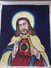 Hand Painted Vintage Silk Painting Sacred Heart of Jesus Religious Icon Art