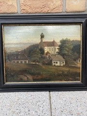 Vintage Oil Painting Picture Mountains Landscape Church Bavaria Signed Dated Antique 1874