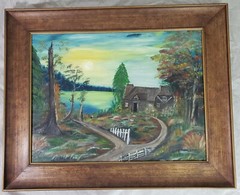 Antique Naive Primitive Folk Art Painting Landscape Forest Lake House Home