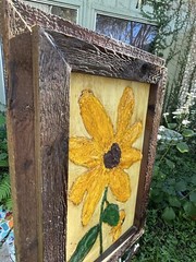 Mid Century 3D Impasto Folk Art Naive Sunflower Painting On Plywood Framed 24”H