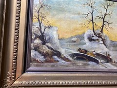 Large Antique „Winter Landscape With Figures Scene“ Oil Painting – Signed/Framed