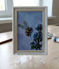 Bumblebee Original Oil Painting 4×6 Framed Signed Bee Blue Flower Impasto Art