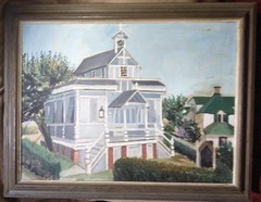 Vintage American Oil Painting Landscape Church Building Artist Signed Original