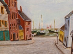 M. Koprada Signed Oil Canvas Boat Harbor Town Market View 20×16″ Rural Village