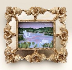 White Egret birds in Marsh Landscape mini watercolor print in gold ornate frame