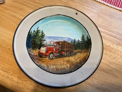1960 Autocar log truck painting logging Trucking enamel plate 9” hand painted
