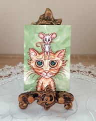 Original Watercolor ACEO: Orange Cat & Cute Mouse Cartoon (Easel Not Included)