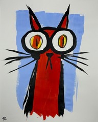 Original Folk Art Cat Painting Signed Colorful Wall Art STerling Paper 11×14