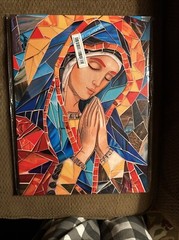Vibrant Stained Glass Style W/Blessed Mother Canvas Art W/Wooden Frame