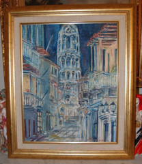 FRAMED ORIGINAL OIL VIEW OF COLONIAL TRINIDAD AT NIGHT, CUBA ARTIST: HECTO VIDAL