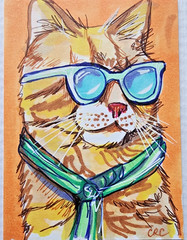ACEO original POPART KITTY cat miniature painting art card by CRC