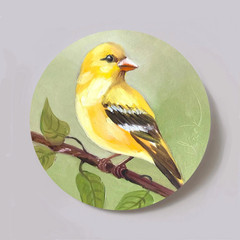 Original Oil Painting Bird Art on Round Wood Panel Miniature Nature Decor