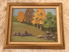 NICE VINTAGE AUTUMN SCENE LANDSCAPE FOREST OIL ON BOARD PAINTING MYSTERY ARTIST