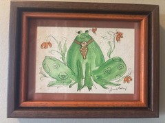 OOAK Vintage Frog Watercolor Painting Hearts Flowers Signed Framed Matted 9×7”