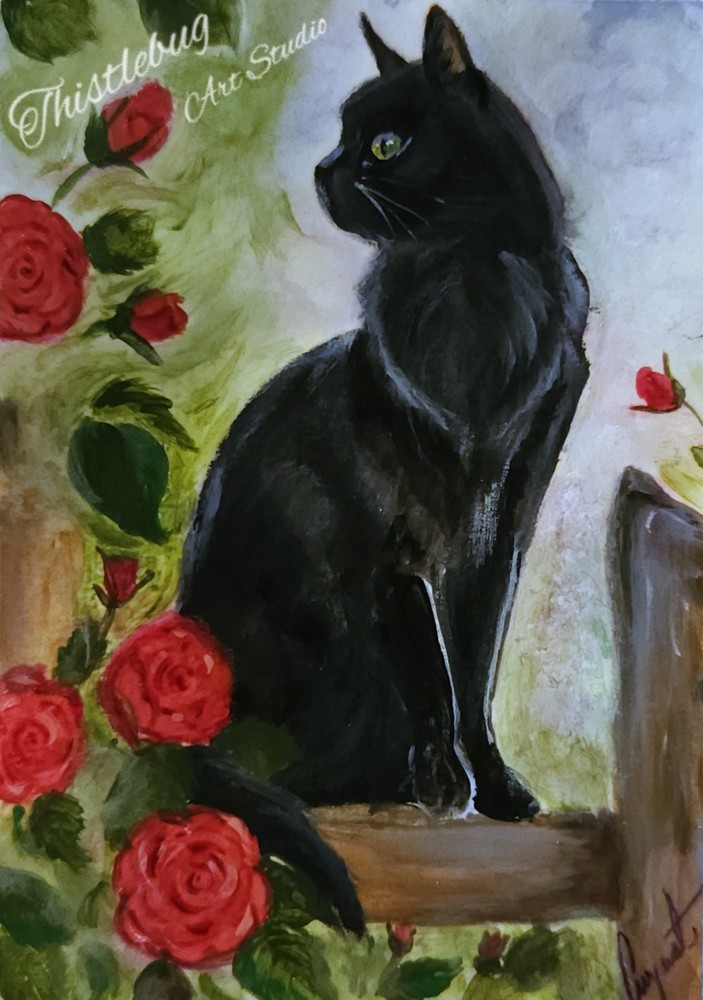 ACEO Miniature Black Cat Animal Rose Flower Signed Original Acrylic Painting