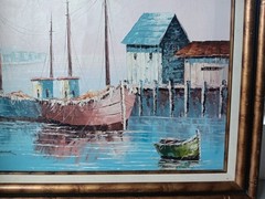 Original KESWICK Oil Painting Fishing Boats in Harbor PINK SKY Calm Nautical MCM