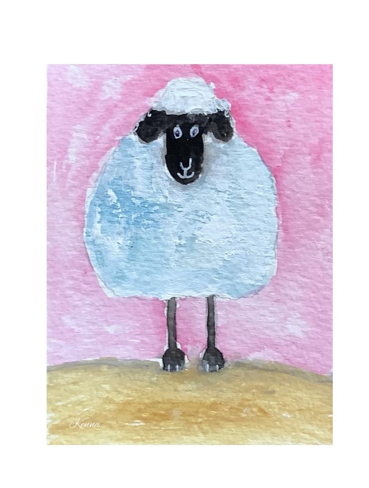 ACEO By Kenna Original Gouache Painting Sheep 2.5” X 3.5” Signed ÀTC