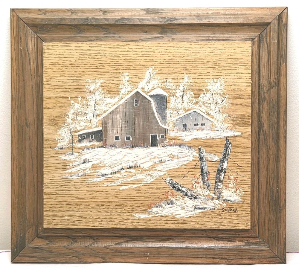 Winter Barn Landscape on Wood Rustic Farmhouse Cozy Cabin Vintage Wall Art Decor