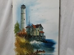 Original Light House Oil painting Canvas Ocean Waves Seagulls Signed framed 29″