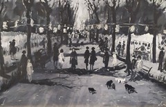 Large Original Black and White Oil Painting Italian Village Landscape Figures