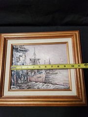 Vintage Framed Oil Painting Harbor Scene Fishing Boat Signed Florence Nautical