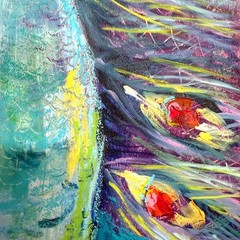 Neal 20″x20″Abstract Peacock Oil and Cold Wax on Wood Expressionsim