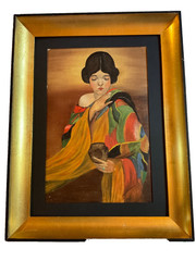 Vintage 1940s woman portrait original oil painting lady colorful framed art