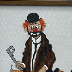 Vintage Clown hand painted Signed Matted Framed Mid Century