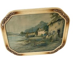 Antique 19th cent. European farm village watercolor print, ornate plaster frame.
