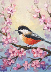 Chickadee ORIGINAL Oil Painting Modern Spring Bloom Flowers Bird Art 5″ x7″