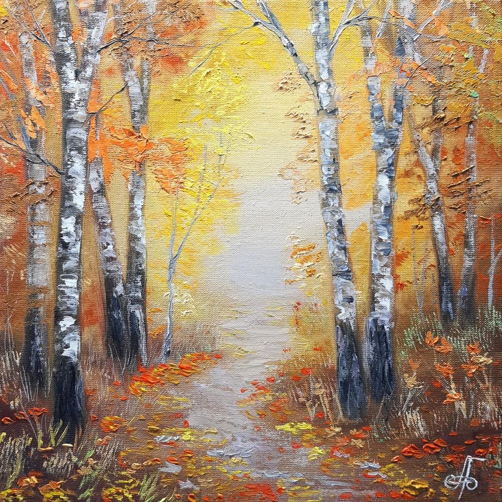 Autumn Forest Path Oil Painting Original Birch Trees Woodland Wall Art Decor 8×8