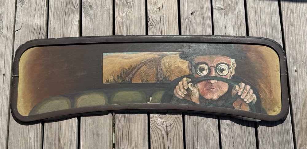 OOAK Folk Art Painting Mounted In Original 1928 Dodge Wayfarer Windshield Frame