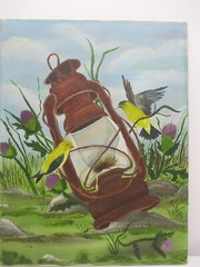 Original Oil Painting Yellow Birds (Goldfinch) With Lantern 18 1/4″ x 13 3/4″