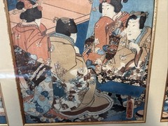 1830’s Kunisada Antique Japanese Woodblock Print Ukiyo-e Kimono Triptych 38”x22”