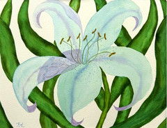 PAINTING WATERCOLOR 11X14 AND DOUBLE MAT 16X20 FLOWERS LILY BLUE LAVENDER PURPLE