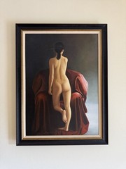 Original Antique Oil Painting “Reclining Female Nude with Red Drapery” – Signed