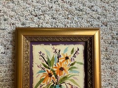 Original 4×6 Watercolor Painting in Vtg 90’s+ Gold Wood Frame; Sunflowers, Vase