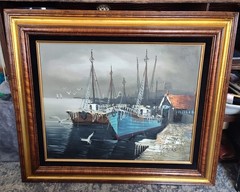 Authentic Original Signed L. Sallas Painting Fishing Boats Ships Nautical Dock