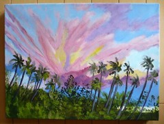 MULVI, DESERT PLEIN AIR MODERN IMPRESSIONISM PALM TREES SUNSET LANDSCAPE SIGNED