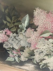Large Antique Oil Painting of Pink and White Lilacs 1890s Framed