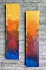 abstract painting, abstract art, orange, blue, yellow, scrap wood, acrylic