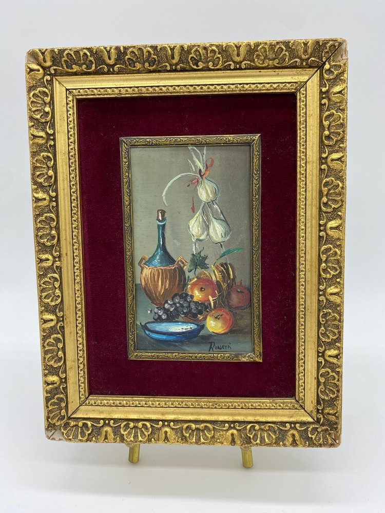 RSVRD: Vtg Italian Still Life Oil Painting Wine/Fruit Gilt Frame Signed Rosetti