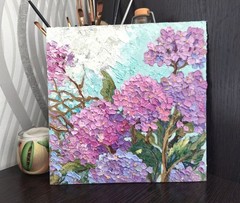 Flowers Original Oil Painting on Panel 10x10in Hydrangea Impasto Art Signed