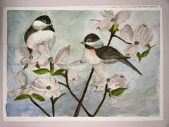 Original Pink Dogwood FLOWERS & Chickadee BIRDS Watercolor Signed 8.25”T 11.5”W