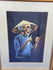 2 Vintage Chinese Oil Paintings on Black Silk, Husband & Wife? 17″ x 13″