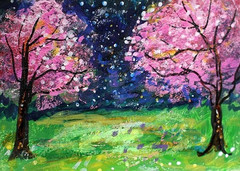 ACEO Original PAINTING Spring Pink TREES Night Flowers Nature Landscape ATC ART