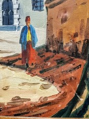 Middle Eastern Village Street Scene Oil Painting Mosque Courtyard 22×17