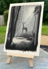 bambi deer buck in Forest trees great prince Mini gouache study art painting B/W