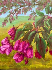 Pink Floral oil painting magenta blossom landscape tree apple blossom on wood