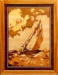 Regatta boat seascape 25×18 wood mosaics framed art wall decor wooden panel